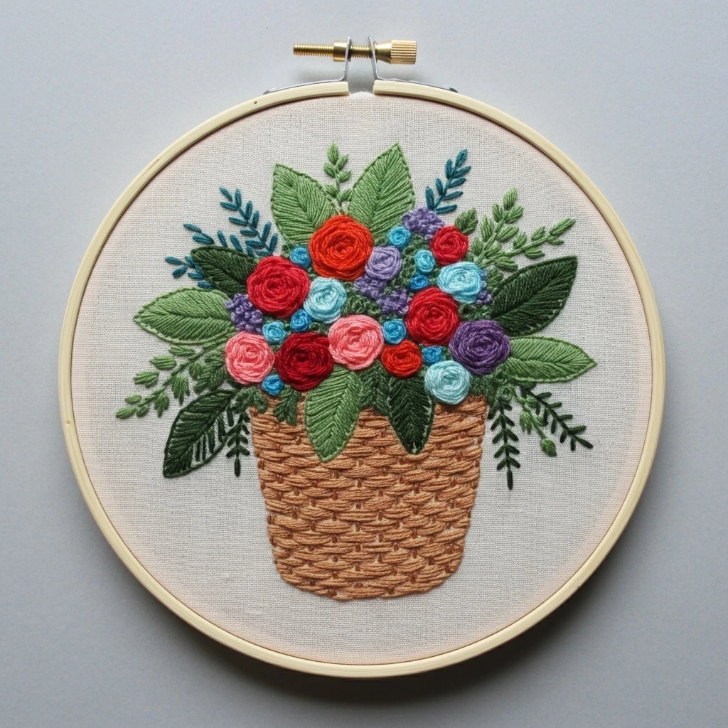 Tree of Life  with Rosette Flowers Hand Embroidery Art