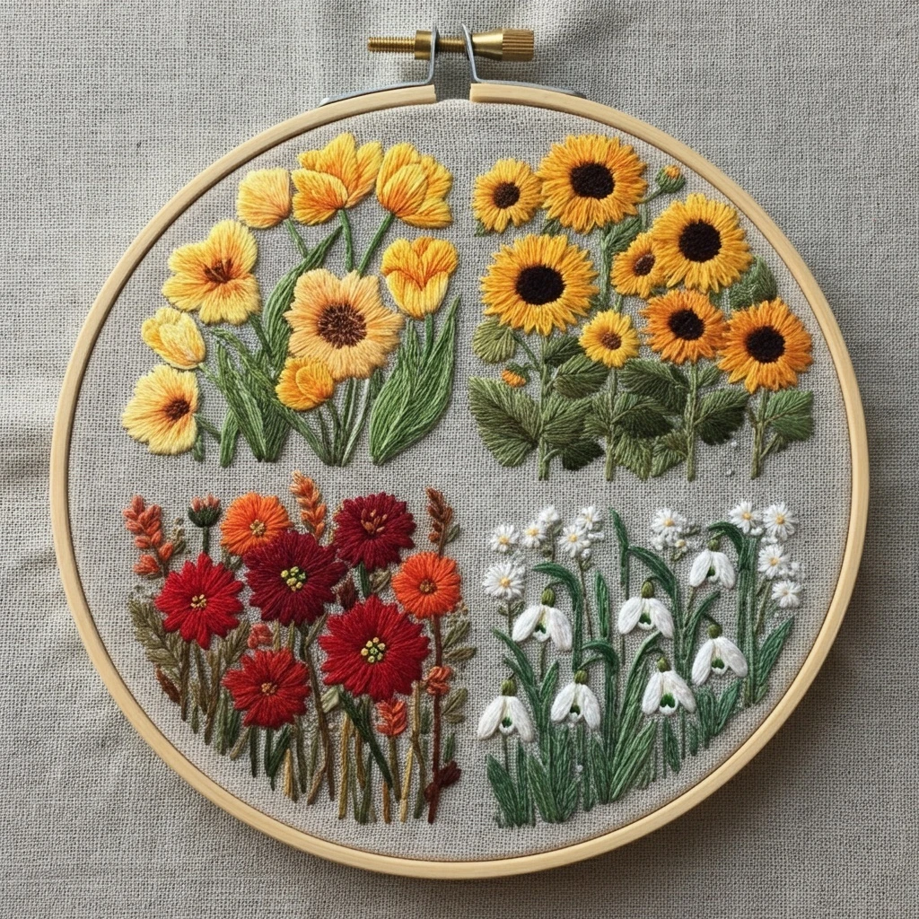 Four Seasons of Flowers  Embroidered Floral Arrangement