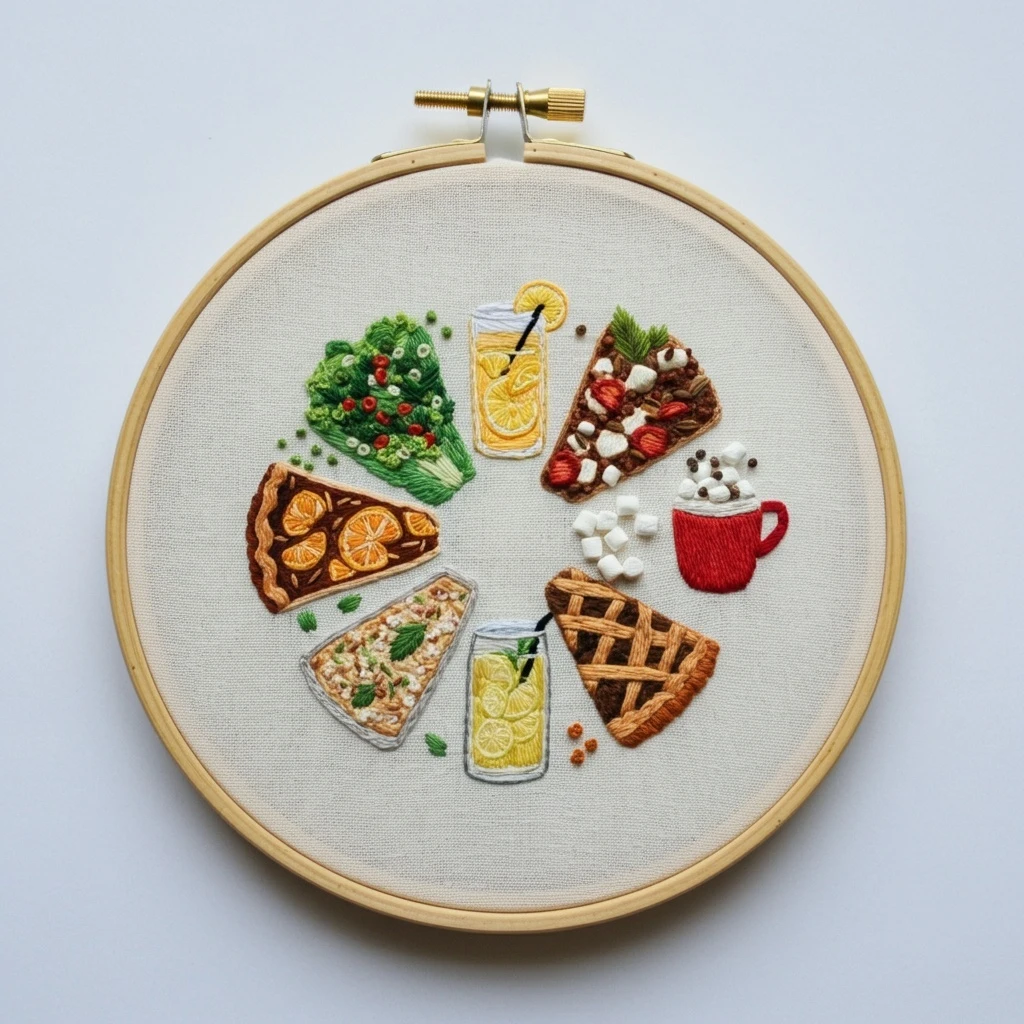 A Culinary Wheel  Embroidered Food Slices and Drinks