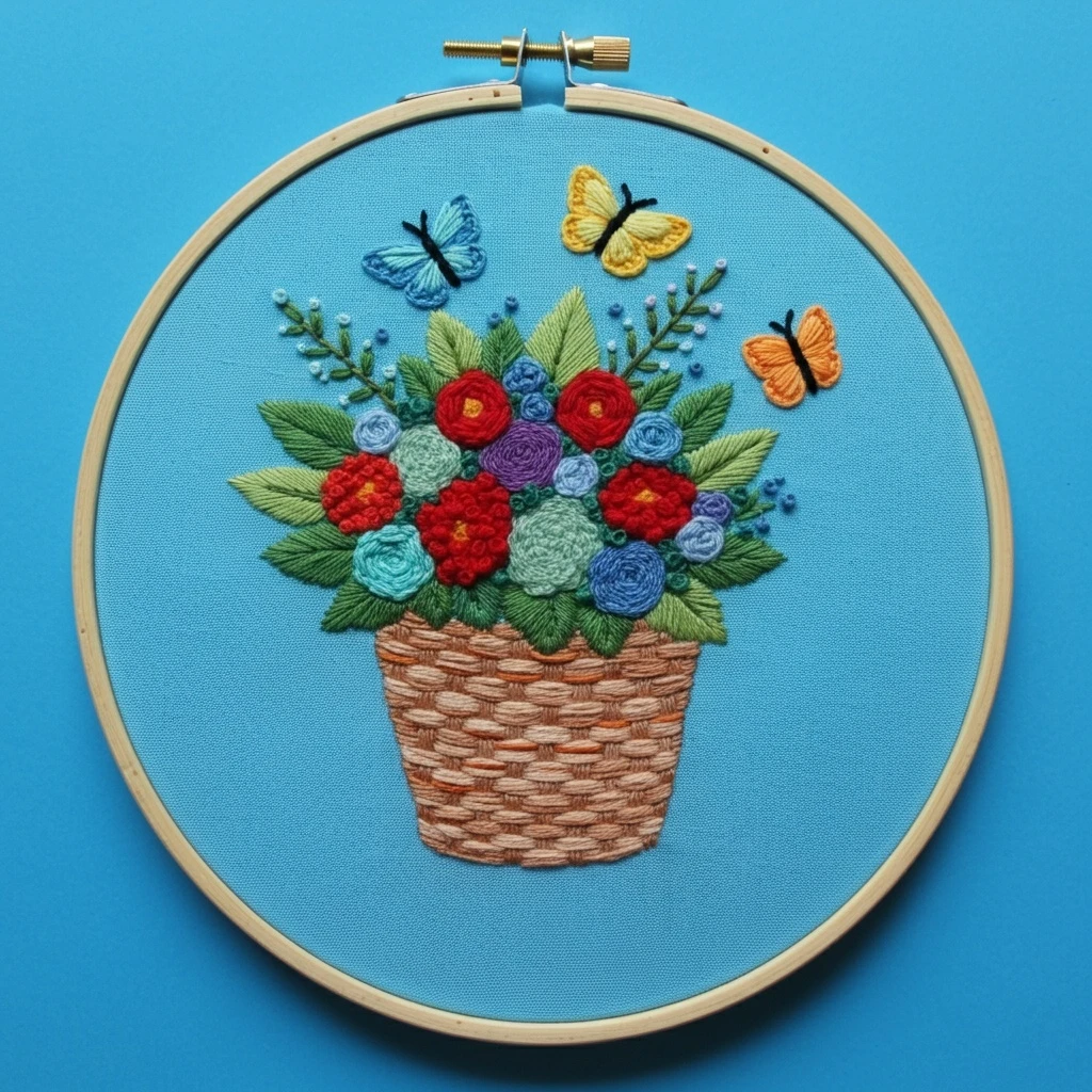 Vibrant Bouquet Basket with Butterflies   Easy Hand Embroidery Project