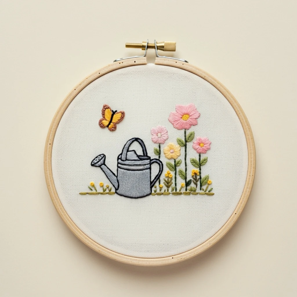 Simple Garden Scene  Watering Can and Wildflowers Beginner Hand Embroidery