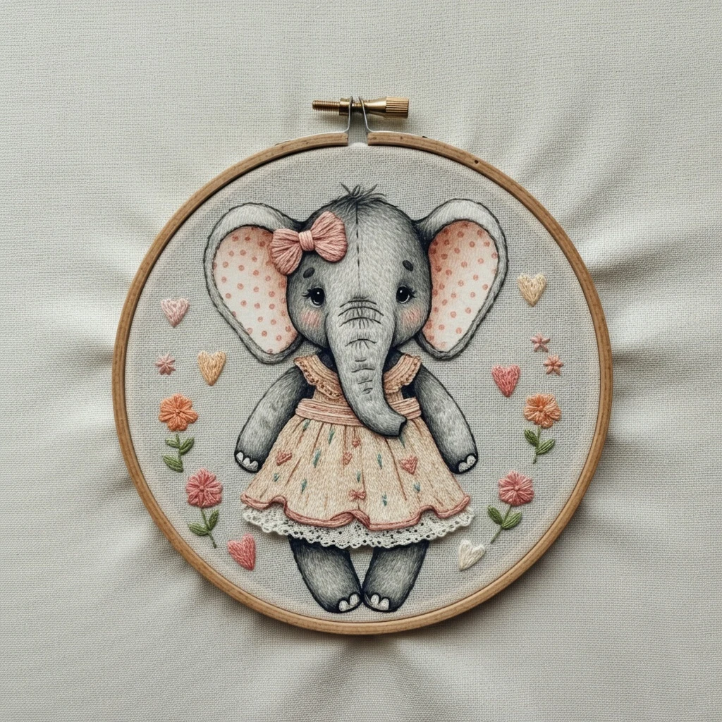 Adorable Elephant in a Dress  Beginner Friendly Embroidered Artwork