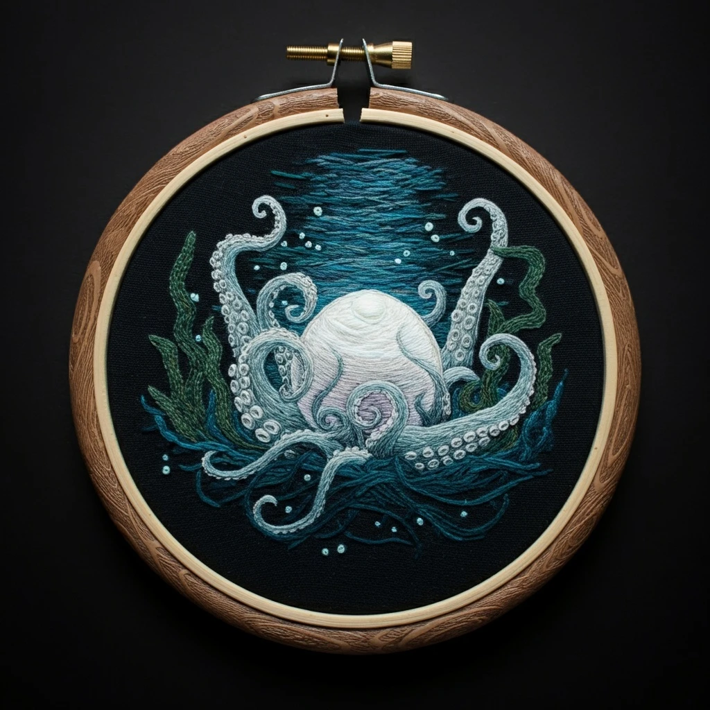 The Luminous Kraken  Detailed Underwater Hand Embroidery