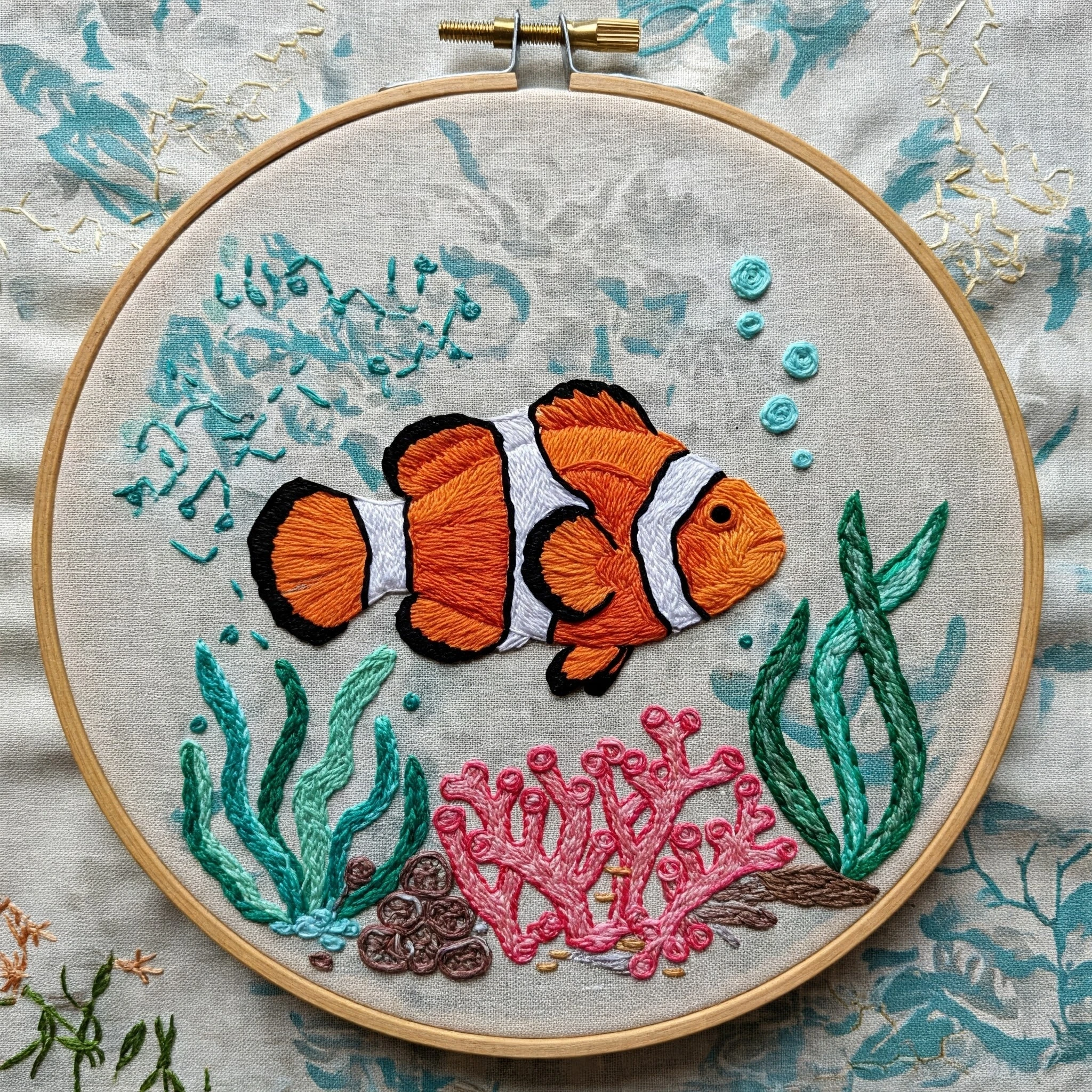 Clownfish & Coral Reef Hand Embroidery