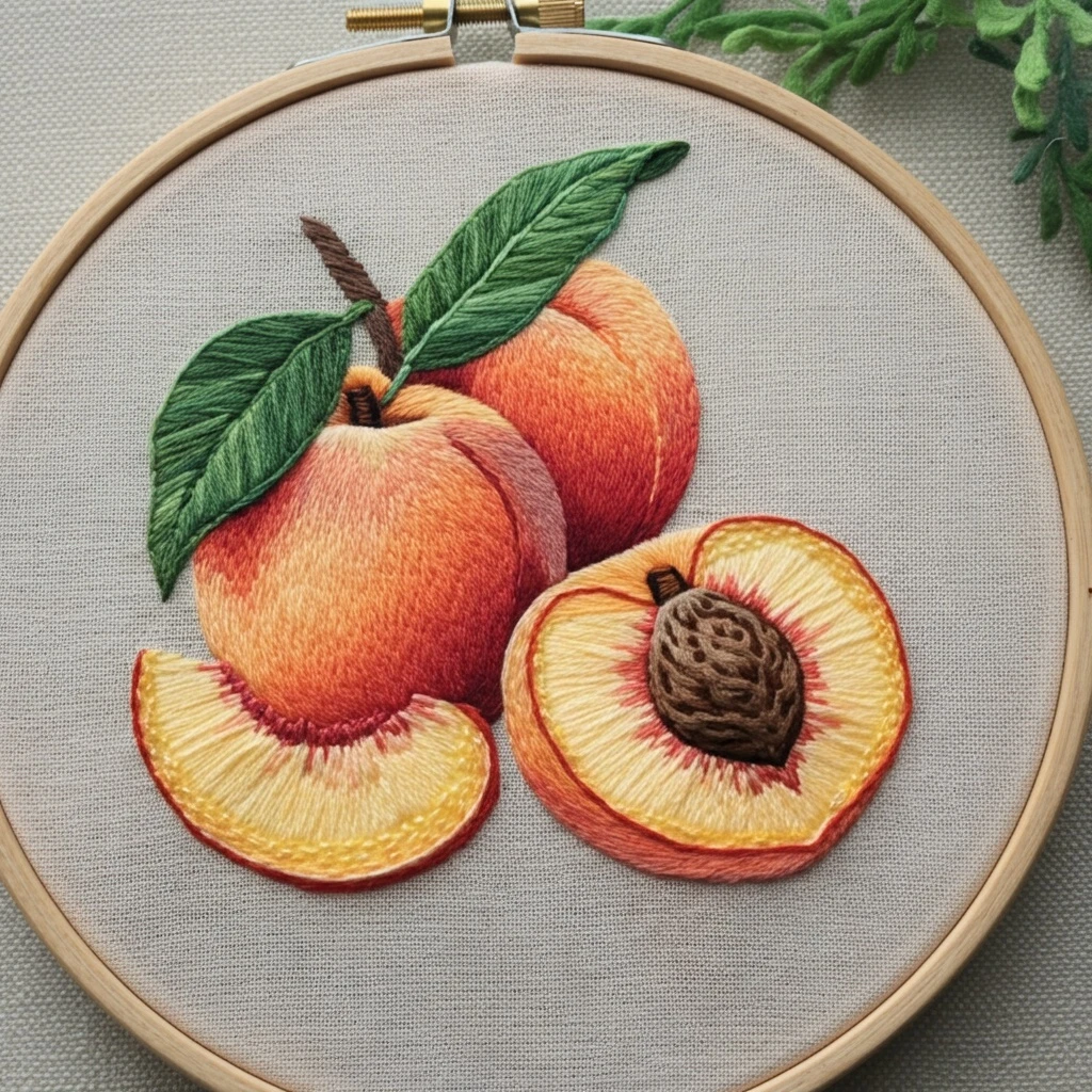 Realistic Hand Embroidery  Ripe Peaches and Slice