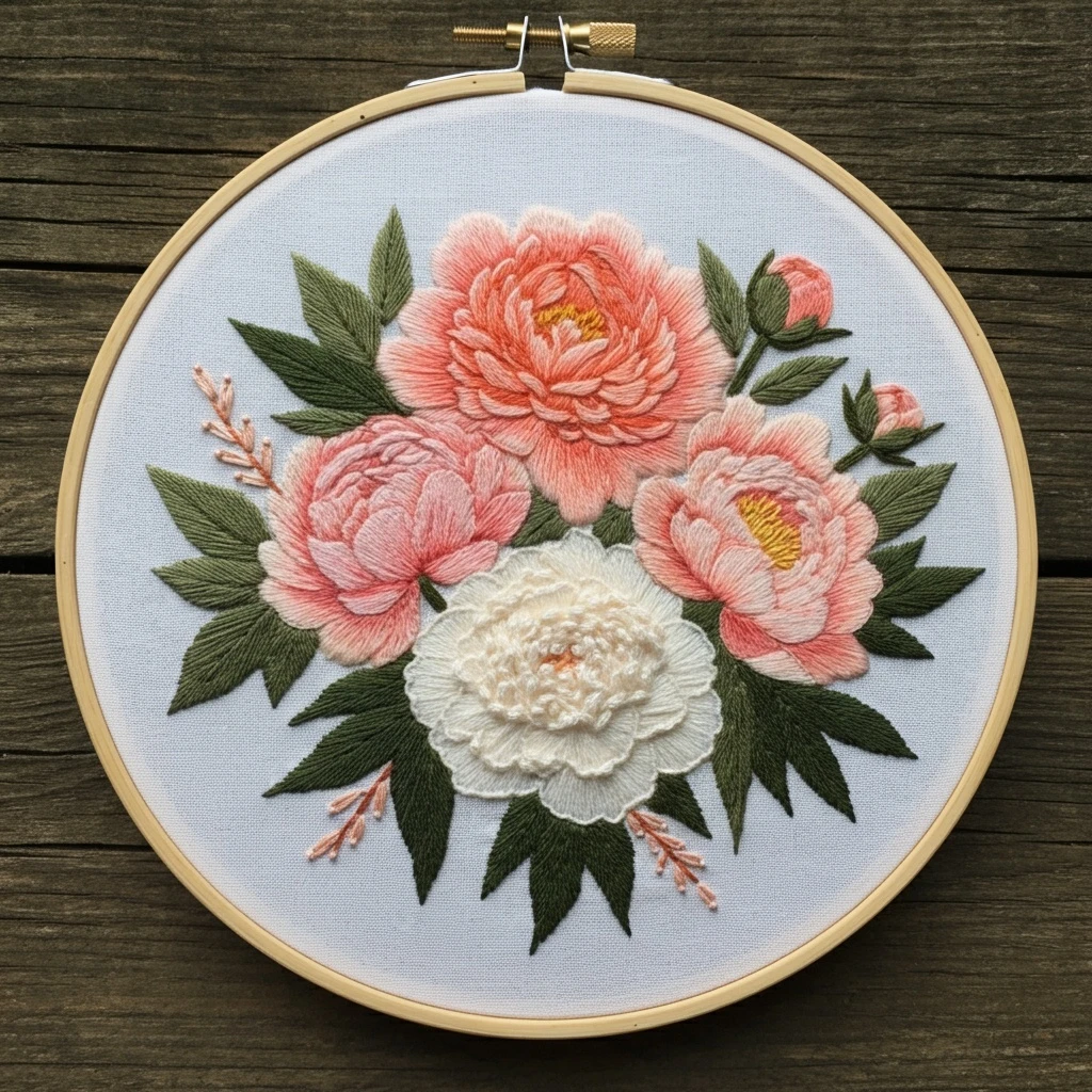 Textured Peonies 3D Floral Embroidery