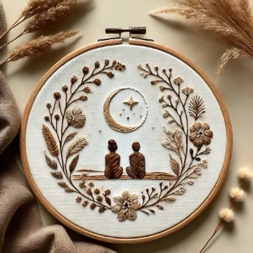 Neutral Tones Hand Embroidery   Botanical Wreath with Figures