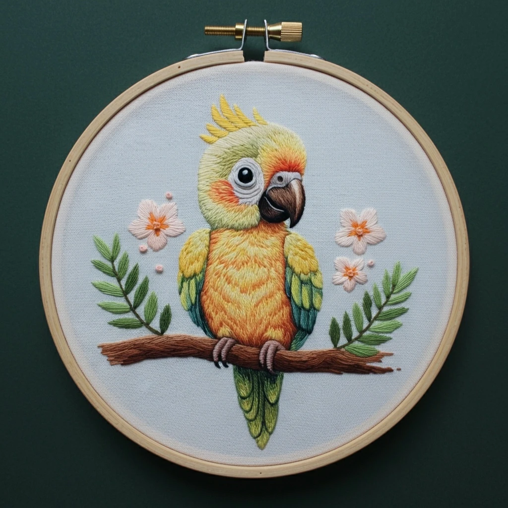 The Happy Parrotlet  Realistic Hand Embroidered Bird