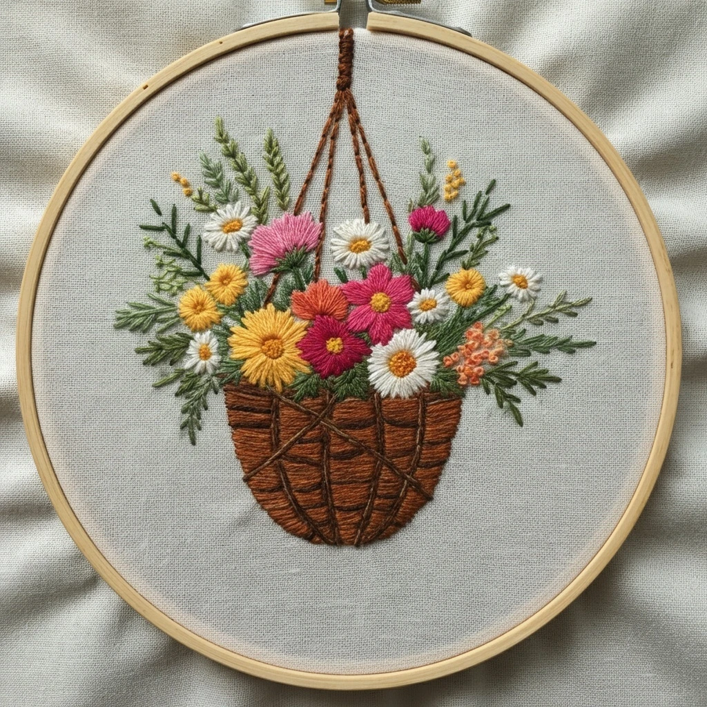 Summer Garden Bounty  Hanging Basket Hand Embroidery 