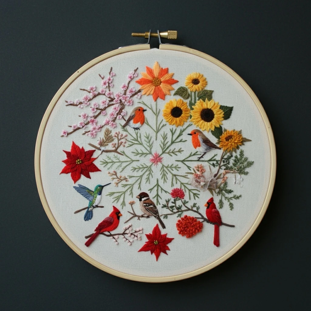 A Year in Stitches  Birds and Seasonal Flowers Embroidery Hoop Art