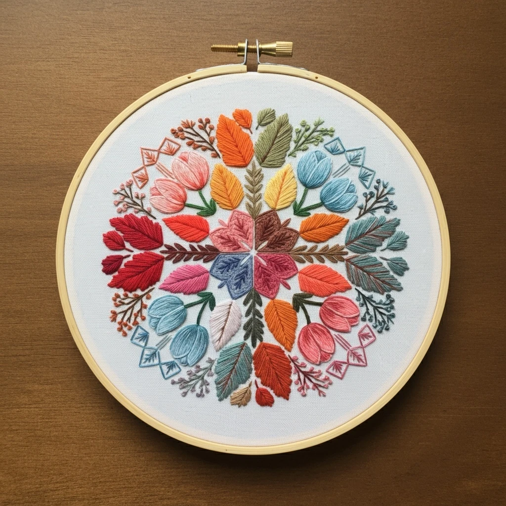 Autumn Harvest Bloom  Mandala Leaf and Flower Embroidery Art