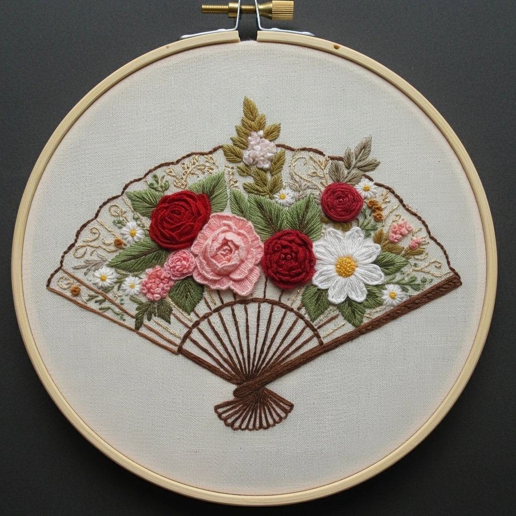 Elegant Floral Fan Hand Embroidery