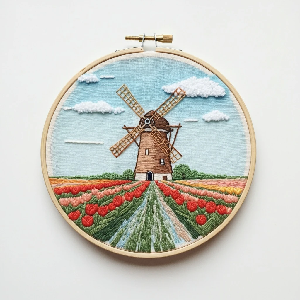 Tulip Fields & Windmill Landscape Embroidery Art