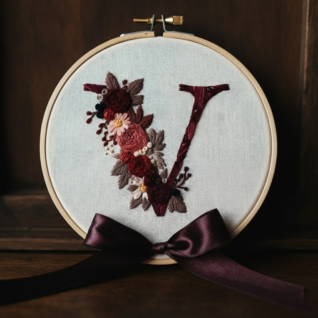 Burgundy Floral Monogram 'V' Embroidery