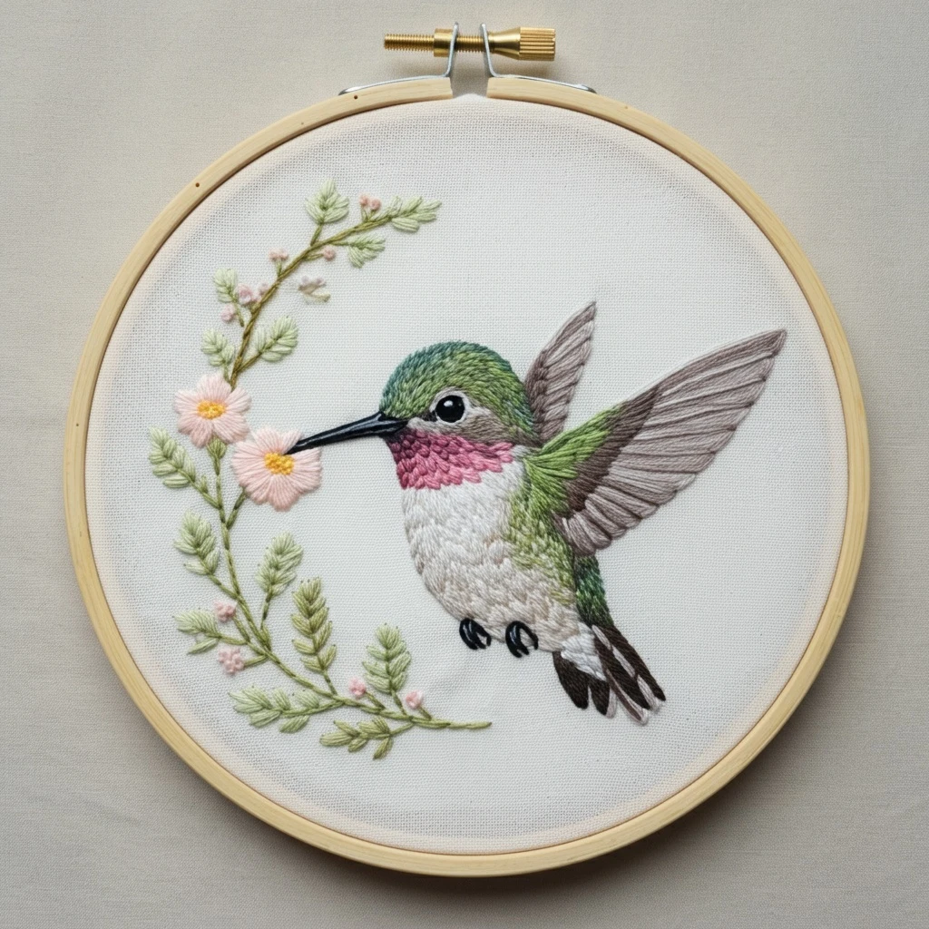 Lifelike Hummingbird & Blossom Hoop Embroidery