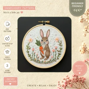 Main preview of adorable bunny carrot flower hand embroidery pattern showing bunny, flower, floral, and nature in a hand stitched hoop art design