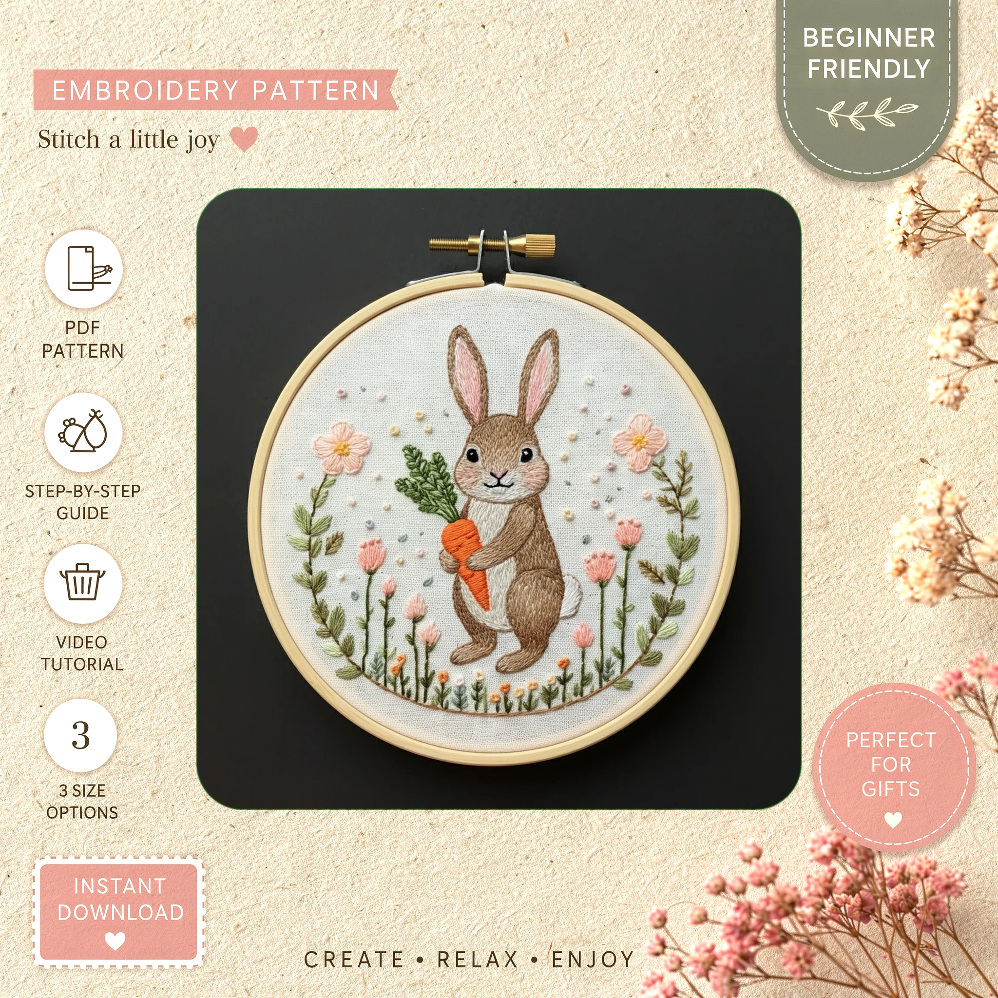 Main preview of adorable bunny carrot flower hand embroidery pattern showing bunny, flower, floral, and nature in a hand stitched hoop art design