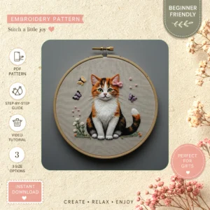 Main preview of adorable cat floral within hand embroidery pattern showing cat and floral in a hand stitched hoop art design