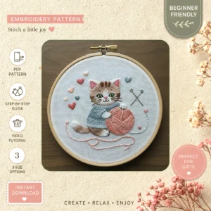 Main preview of adorable cat yarn ball hand embroidery pattern showing cat in a hand stitched hoop art design