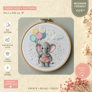 Main preview of adorable elephant balloons holding hand embroidery pattern showing elephant in a hand stitched hoop art design
