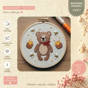 Main preview of adorable teddy bear cozy hand embroidery pattern showing bear, bees, flowers, and nature in a hand stitched hoop art design