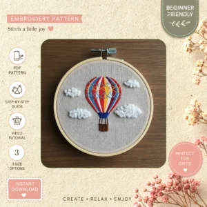 Main preview of airplane hot air balloon hand embroidery pattern showing clouds in a hand stitched hoop art design