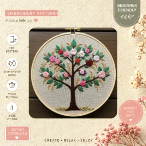 Main preview of apple tree flower bouquet surrounded hand embroidery pattern showing flower, flowers, bouquet, tree, and nature in a hand stitched hoop art design