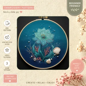 Main preview of aquatic floral sea creatures hand embroidery pattern showing flowers, floral, sea, and marine in a hand stitched hoop art design