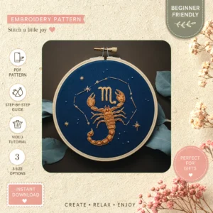Main preview of astrological scorpio zodiac sign hand embroidery pattern showing sky, stars, night, celestial, and planets in a hand stitched hoop art design