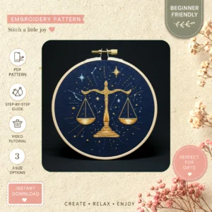 Main preview of astrology themed scale signs hand embroidery pattern showing astrology themed scale signs in a hand stitched hoop art design