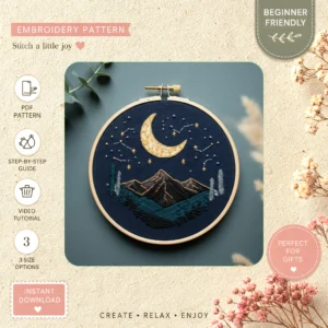 Main preview of astronomy themed cosmic night hand embroidery pattern showing mountain, mountains, sky, moon, and stars in a hand stitched hoop art design