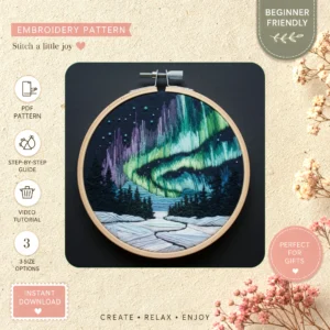 Main preview of aurora nature northern lights hand embroidery pattern showing mountains and nature in a hand stitched hoop art design