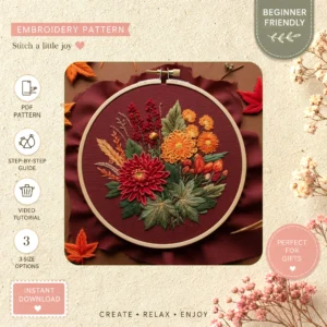 Main preview of autumn flower season's leaves hand embroidery pattern showing flower, daisies, leaves, and nature in a hand stitched hoop art design