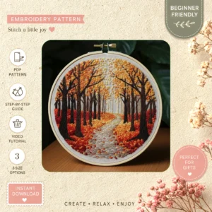 Main preview of autumn forest cozy woodland hand embroidery pattern showing foliage, forest, woodland, nature, and home in a hand stitched hoop art design