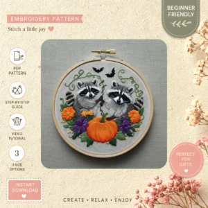 Main preview of autumn foxes cozy nature hand embroidery pattern showing foxes, flowers, foliage, and nature in a hand stitched hoop art design