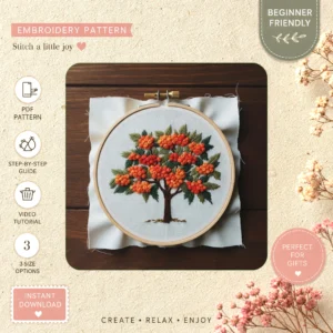 Main preview of autumn free exquisite tree hand embroidery pattern showing leaves, tree, and home in a hand stitched hoop art design