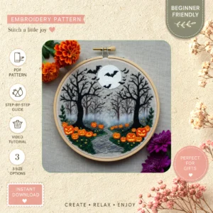 Main preview of autumn halloween night bats hand embroidery pattern showing trees and night in a hand stitched hoop art design