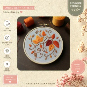 Main preview of autumn leaf seasonal nature's hand embroidery pattern showing leaf, leaves, and wreath in a hand stitched hoop art design