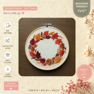 Main preview of autumn leaf wreath seasonal hand embroidery pattern showing leaf, leaves, and wreath in a hand stitched hoop art design