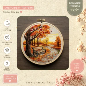 Main preview of autumn park cozy trees hand embroidery pattern showing woods, trees, nature, path, and sun in a hand stitched hoop art design