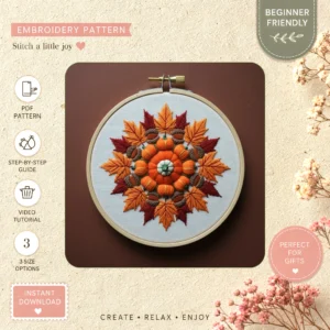 Main preview of autumn seasonal leaves pumpkins hand embroidery pattern showing leaves in a hand stitched hoop art design