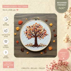 Main preview of autumn tree fall serene hand embroidery pattern showing leaves and tree in a hand stitched hoop art design