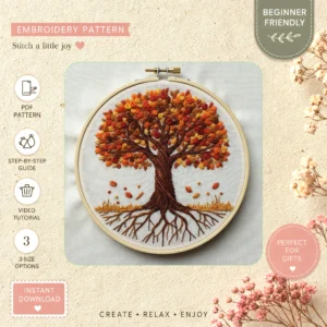 Main preview of autumn tree nature leaves hand embroidery pattern showing leaf, leaves, tree, and nature in a hand stitched hoop art design