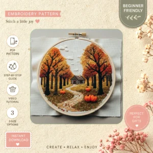 Main preview of autumnal cottage cozy fall hand embroidery pattern showing foliage, cottage, and home in a hand stitched hoop art design