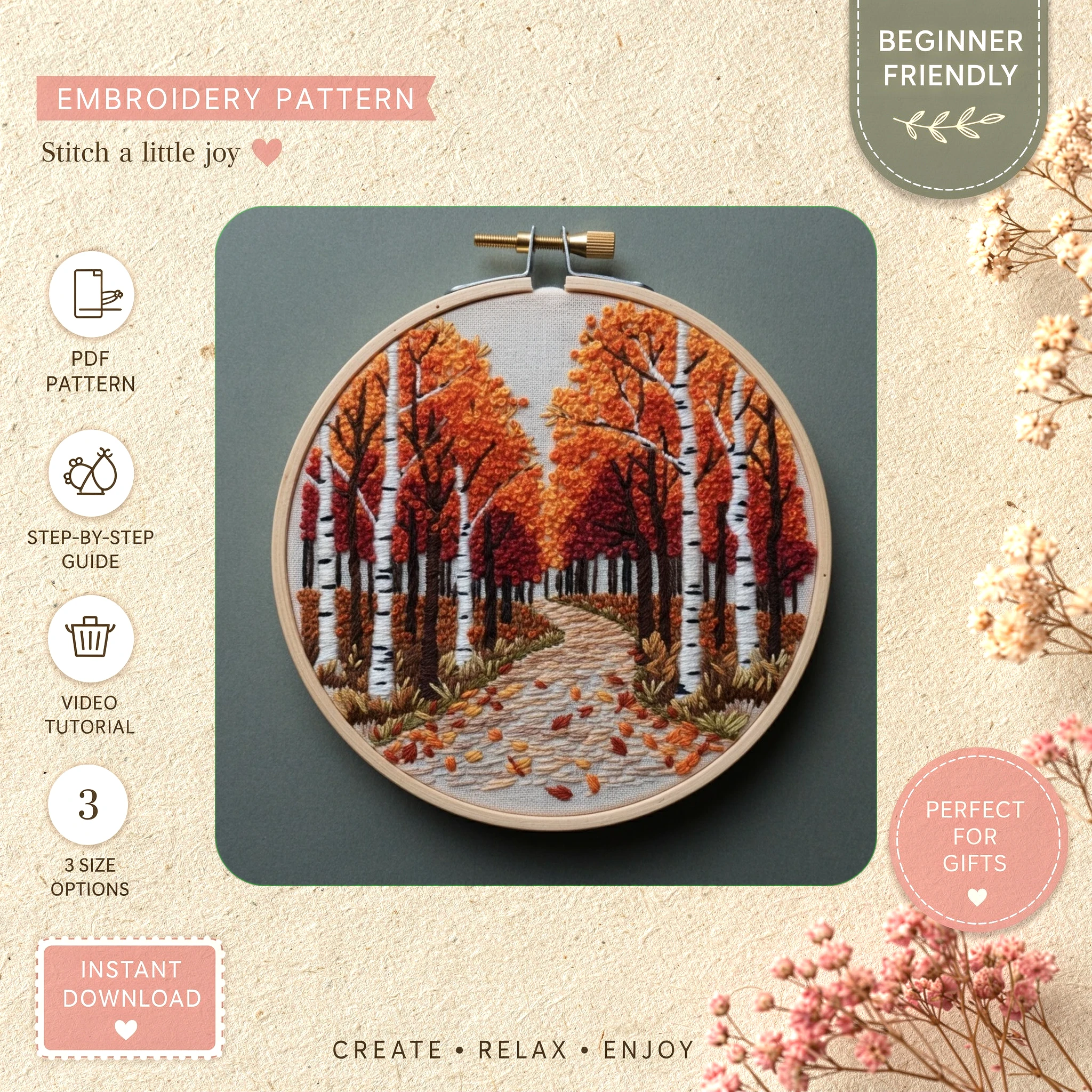 Main preview of autumnal forest cozy fall hand embroidery pattern showing foliage, forest, trees, and home in a hand stitched hoop art design