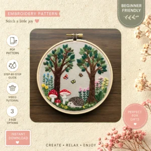 Main preview of backyard dream nature trees hand embroidery pattern showing hedgehog, flowers, garden, tree, and trees in a hand stitched hoop art design