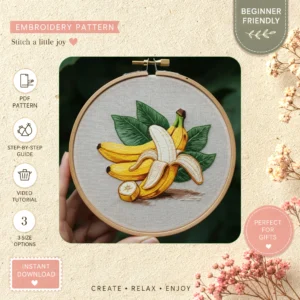 Main preview of banana bunch showcases two hand embroidery pattern showing leaves and home in a hand stitched hoop art design