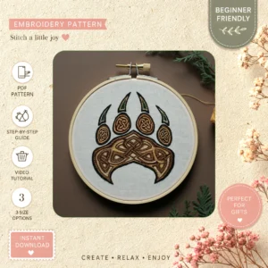 Main preview of bear paw celtic knot hand embroidery pattern showing bear and nature in a hand stitched hoop art design