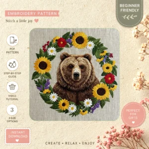 Main preview of bear sunflowers whimsical nature hand embroidery pattern showing bear, flowers, floral, wreath, and nature in a hand stitched hoop art design
