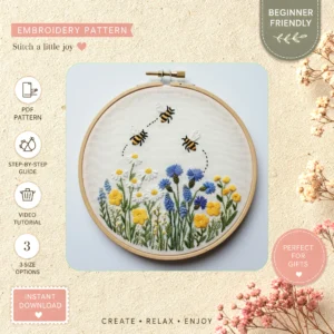 Main preview of bee flower bees flowers hand embroidery pattern showing bee, bees, flower, flowers, and nature in a hand stitched hoop art design
